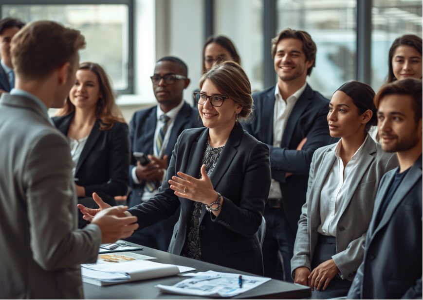 A leader in discussion with her team
