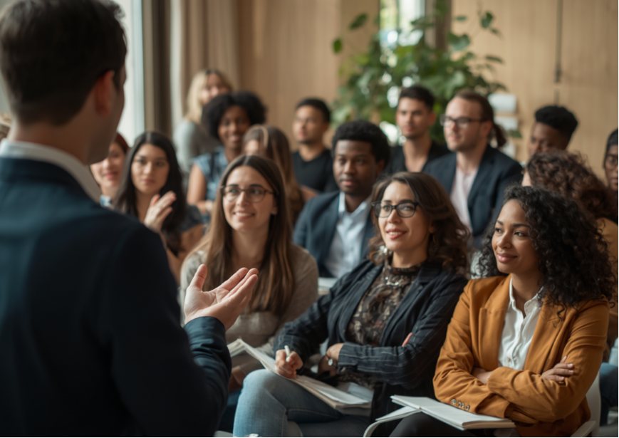 A trainer leading an engaged workshop audience
